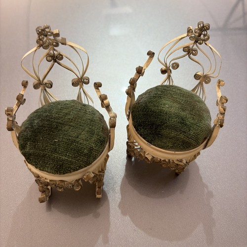 2 Vintage Handmade Pin Cushions! Delicate Strips of Metal In Curly Design Green