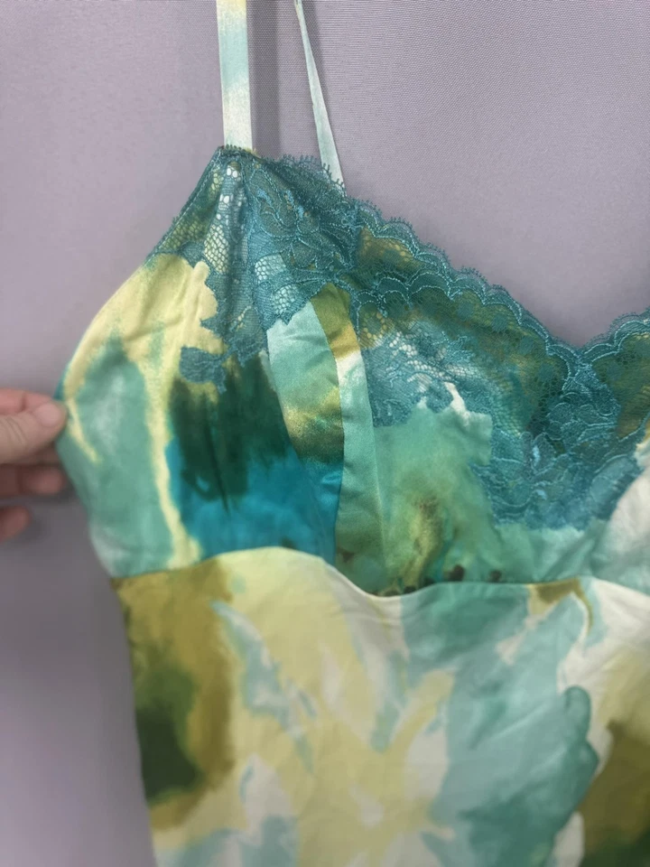 Camisón sin cordones Josie Natori de seda para mujer XL verde azul encaje acuarela Foto 3 de 4