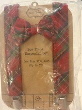 New Mudpie Bow tie & suspenders set,sz 5T &under-adjustable. Red & green plaid.