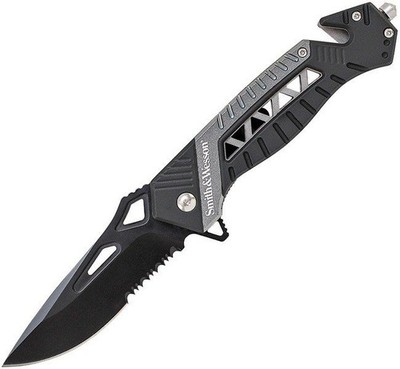 Smith & Wesson Rescue 3.4'' Combo Blade Silver - Black Folding Knife - SW608S