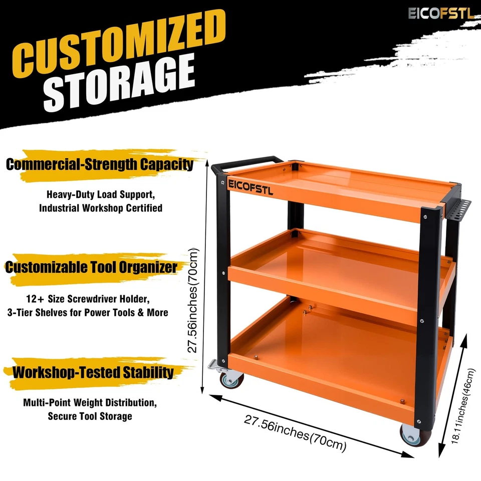 Carro de herramientas de acero inoxidable, carro utilitario de acero de aleación de 3 niveles de alta resistencia con Sc... Foto 3 de 4