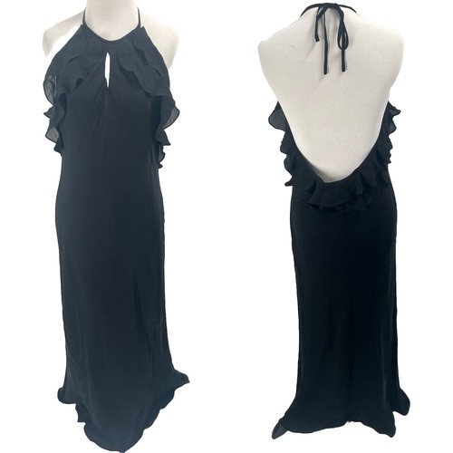 Lauren Ralph Lauren Vintage Black Silk Halter Ruffle Maxi Dress Sz 12