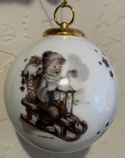 M J Hummel “Winter Fun” Reutter Porzellan Germany Ornament with Gold Trim - SV1