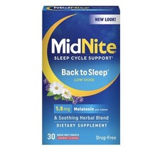 MidNite BACK TO SLEEP Support lose dose 1.5mg Melatonin 30 Cherry tabs 11/2026