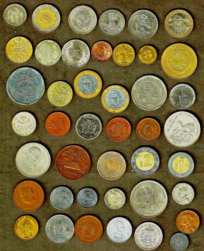 South/Central America/Caribbean 43 mixed coins w/ 6 bimetallics & 1  silver coin