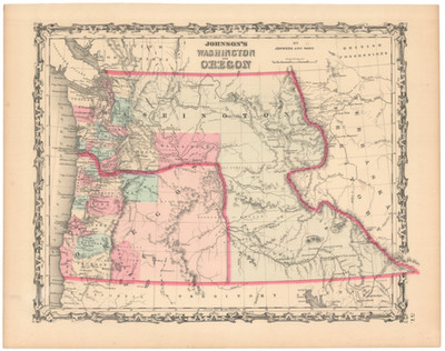 c. 1862 Johnson Map of Washington Territory, Oregon - Unusual, Ephemeral Borders