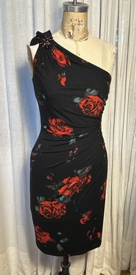 David Meister Womens One Shoulder Blk Red Green Rose Knit Event Dress Sz 2 Used