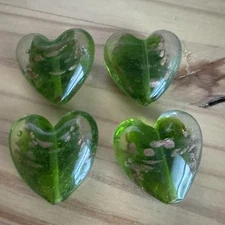4 Lampwork Glass LIGHT GREEN GOLD SAND HEART 3D Puffy 35mm  Beads- DIY JEWELRY