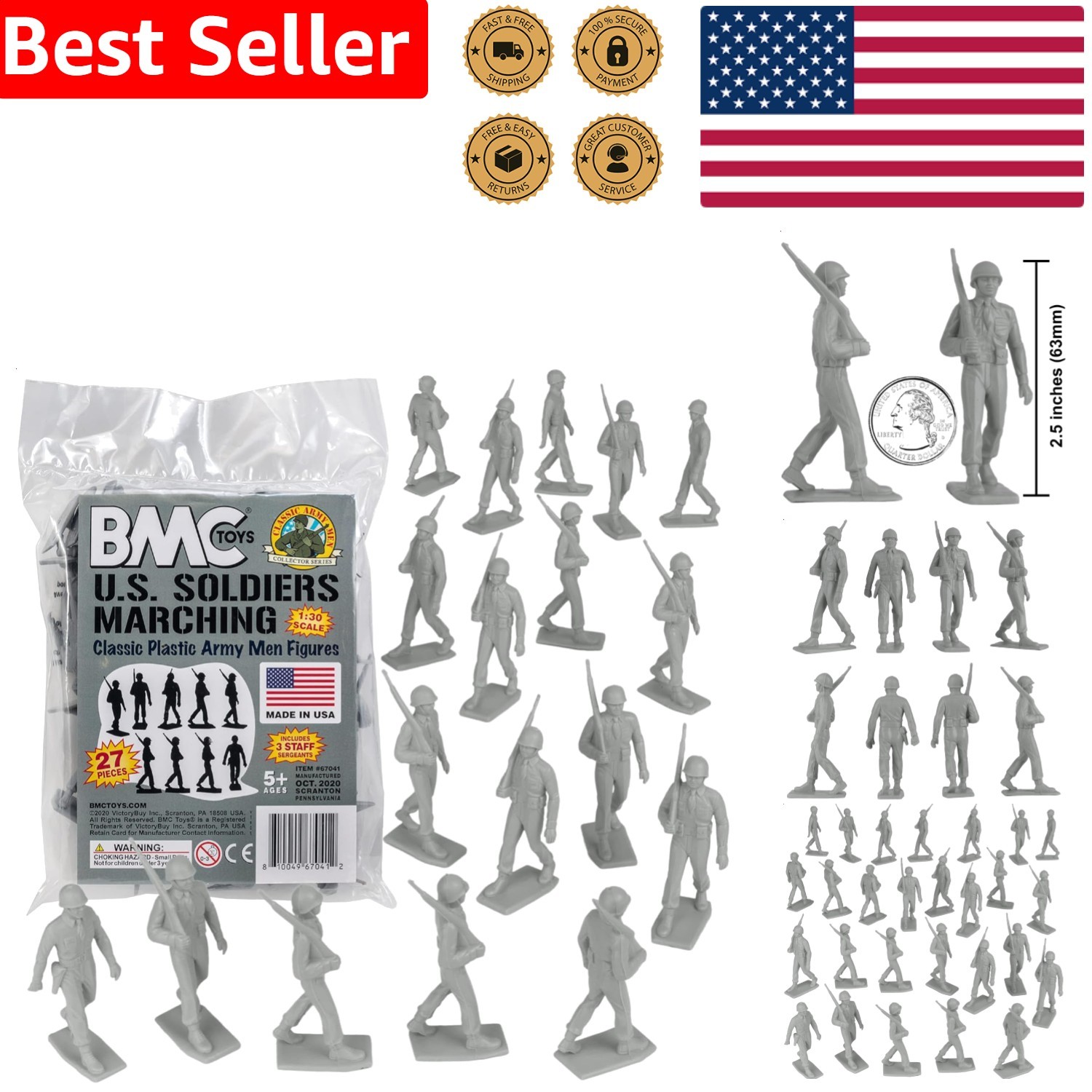 BMC Plastic Army Men Gray 27pc WW2 Marching Soldiers USA Cla
