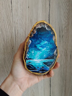 Kleines Gemälde auf Naturholzscheibe, Originalkunst, Nordlichter
