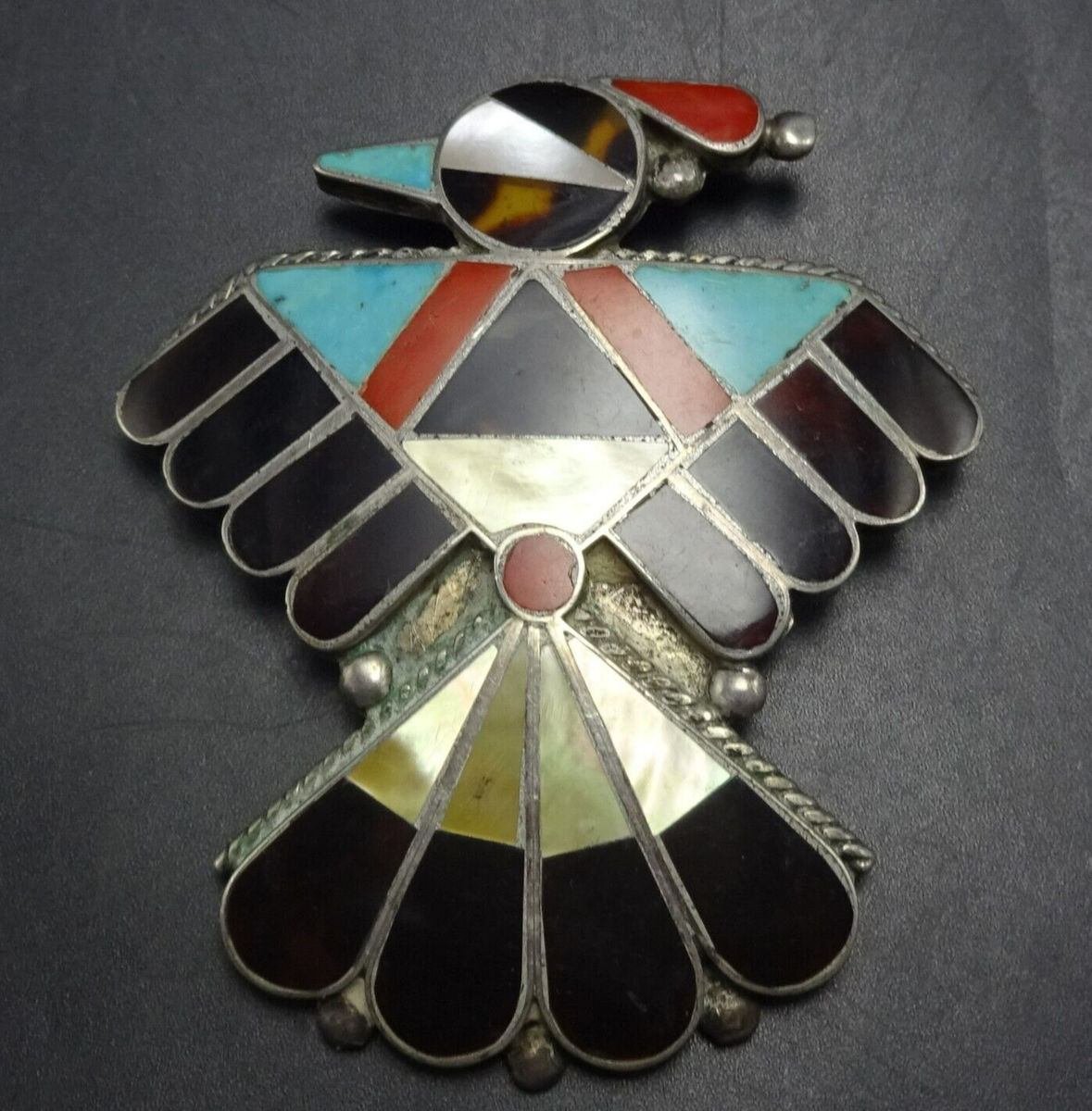 Exquisite VINTAGE ZUNI Sterling Silver INLAY THUNDERBIRD PIN 