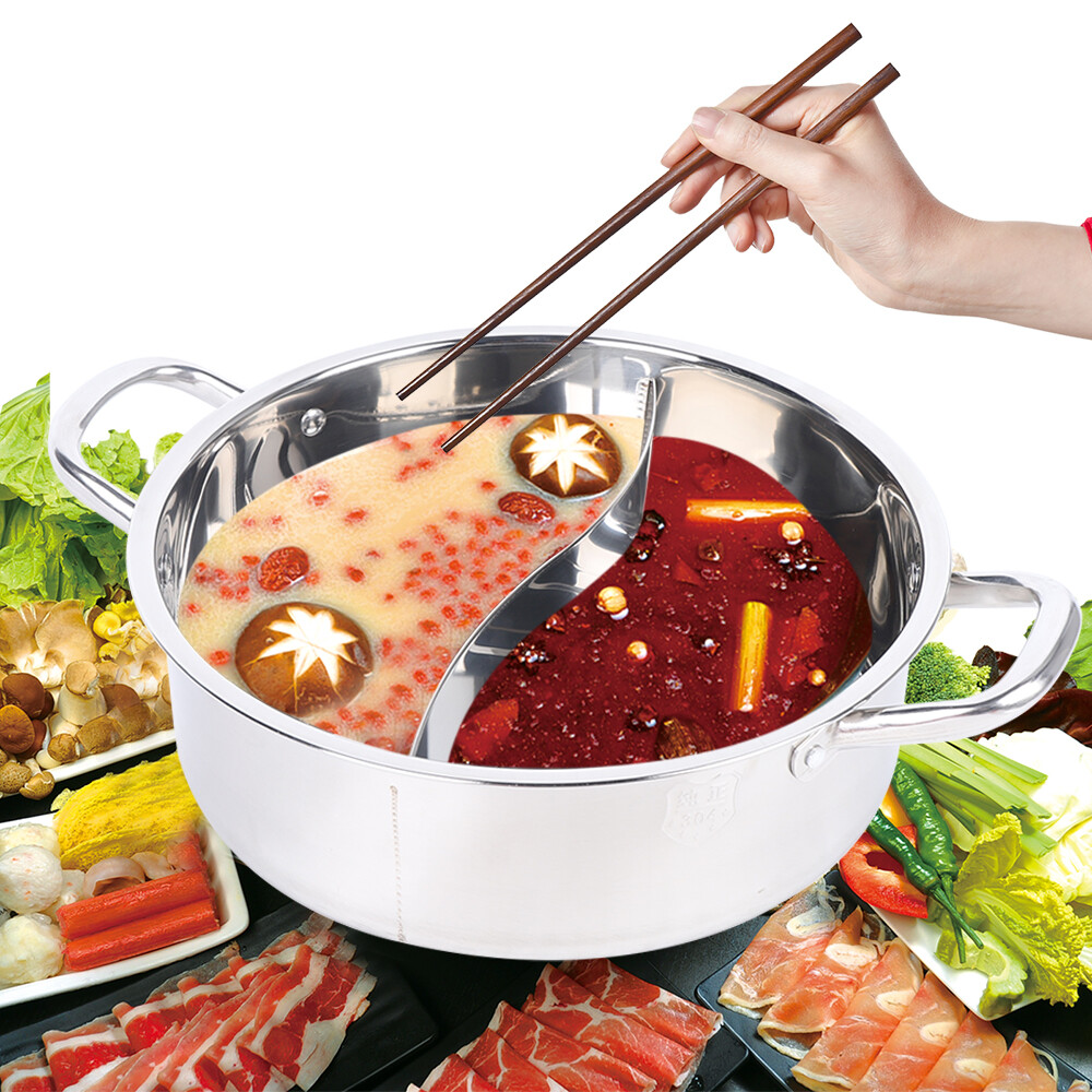 Olla HOT POT de acero inoxidable de 30 cm con 2 cámaras olla Shabu Shabu tapa cocinar DE