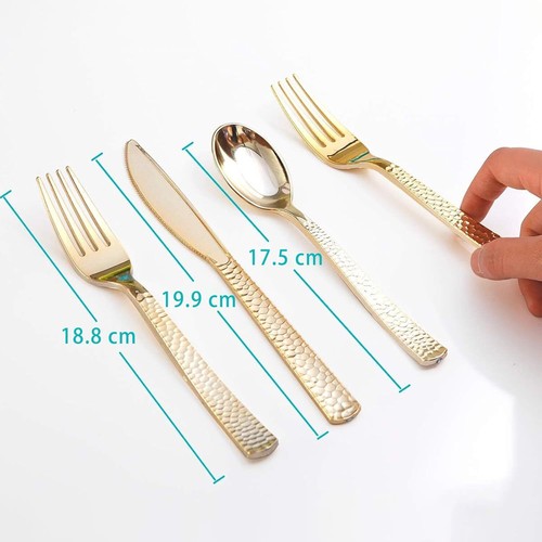 300PCS Gold Hammered Plastic Silverware - Heavy Duty Plastic Cutlery ... - Picture 6 of 8