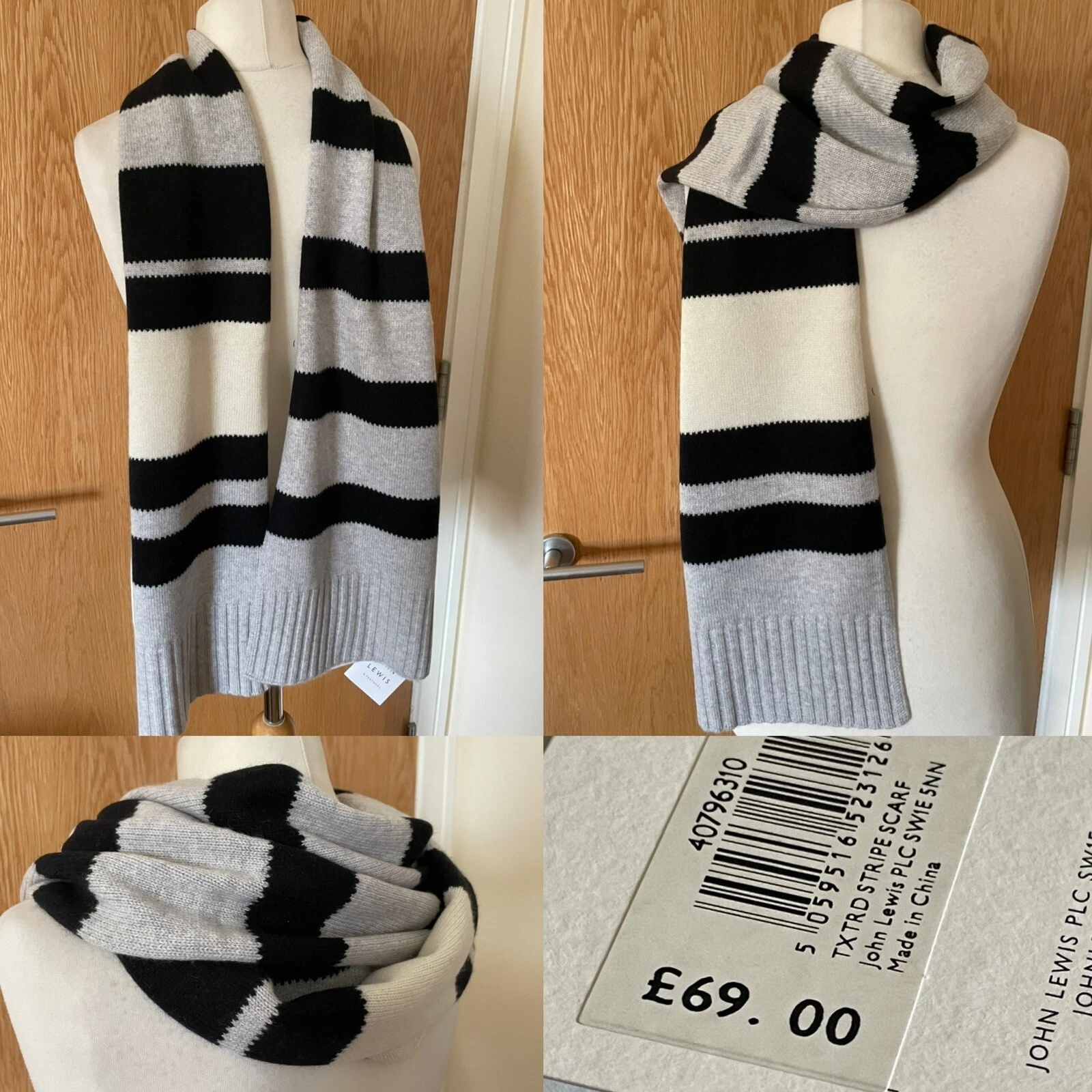 BNWT JOHN LEWIS Black Grey White CASHMERE Scarf 62” x 12” RRP £69 COSY Warm