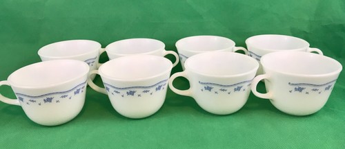 Pyrex Corning Ware MORNING BLUE Milk Glass Coffee Cups Set Of 8 Collectibles - Picture 4 of 7