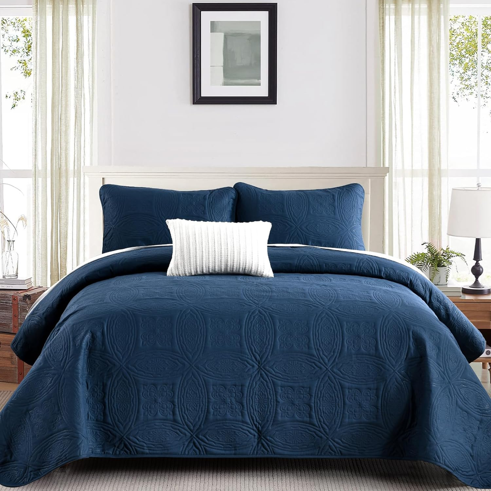 Navy Blue Quilt Set King Size Lightweight Bedspread Embossed Pattern