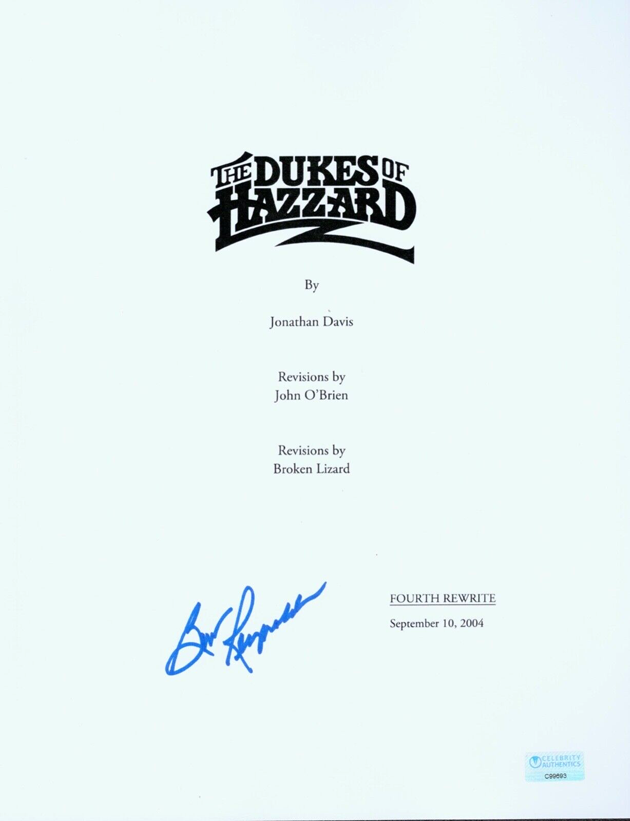 Burt Reynolds Autographed Signed Dukes of Hazzard Script Celebrity Authentics 