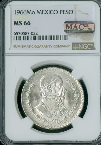 1966  MEXICO SILVER ONE PESO NGC MS66 PQ 2ND FINEST GRADE MAC SPOTLESS *