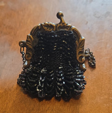 Antique Brass Beaded Mini Coin Purse Evening Bag Clutch Metal Frame Chain Strap