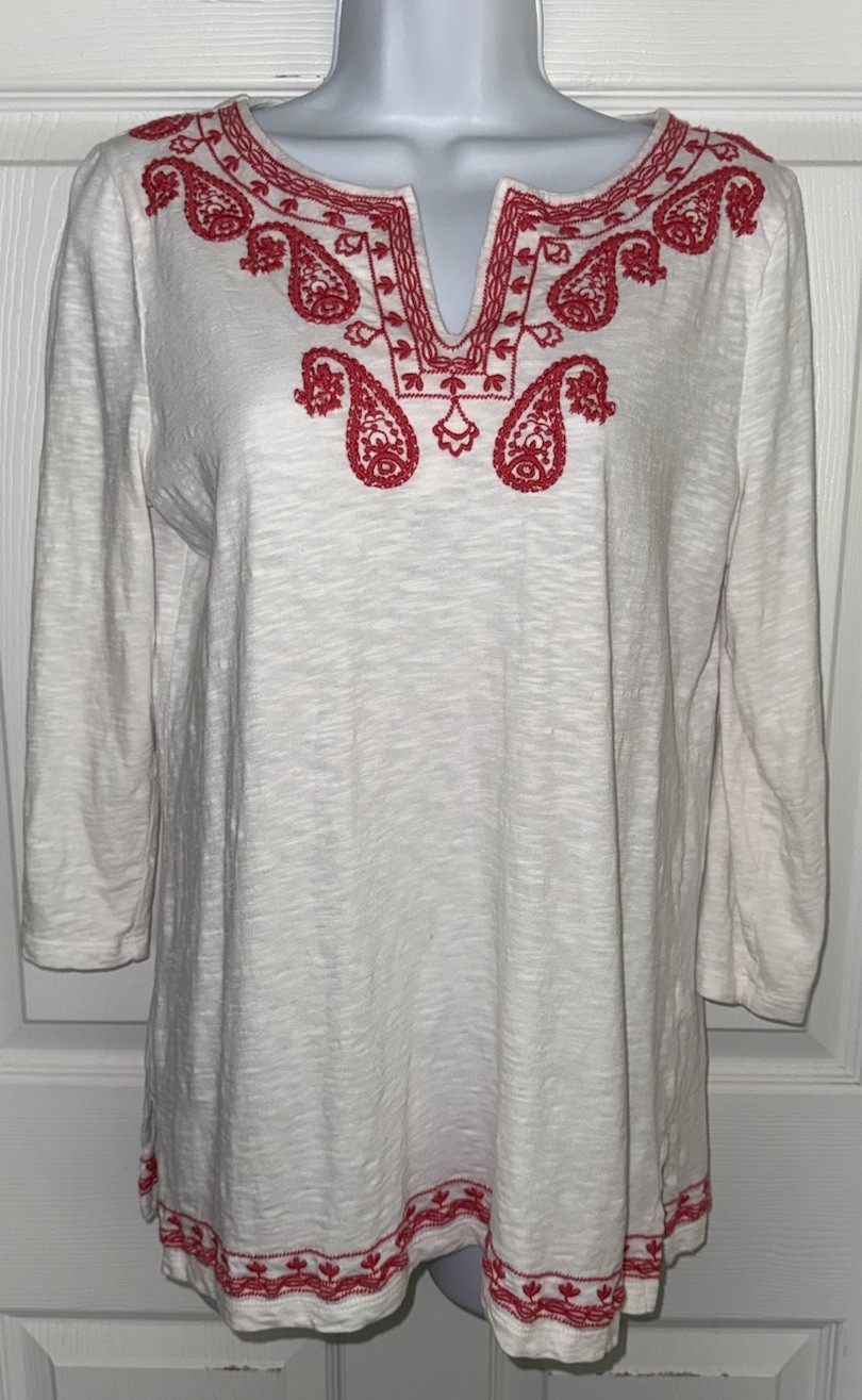 Talbots Sz Small Cotton Embroidered Split Neck Tu… - image 1
