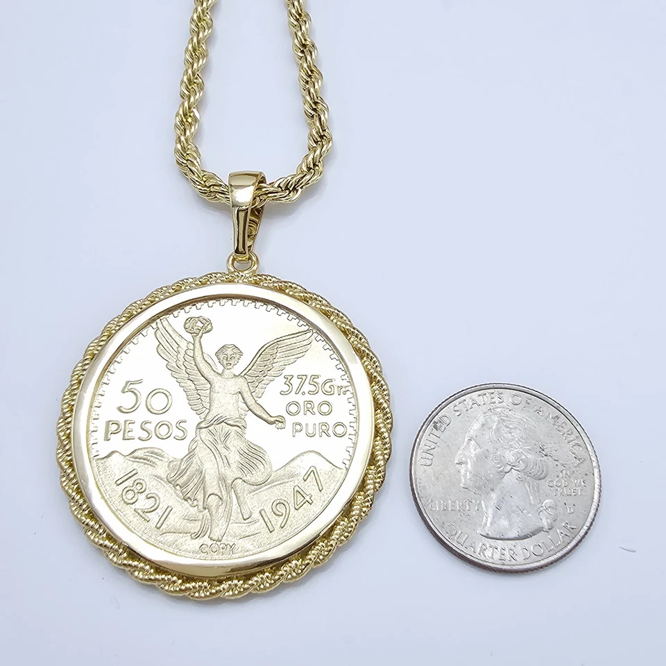 Colgante Centenario MEX Moneda 50 Pesos Circonita cúbica Chapado en Oro 14K y Cadena Cuerda Opcional Foto 4 de 4