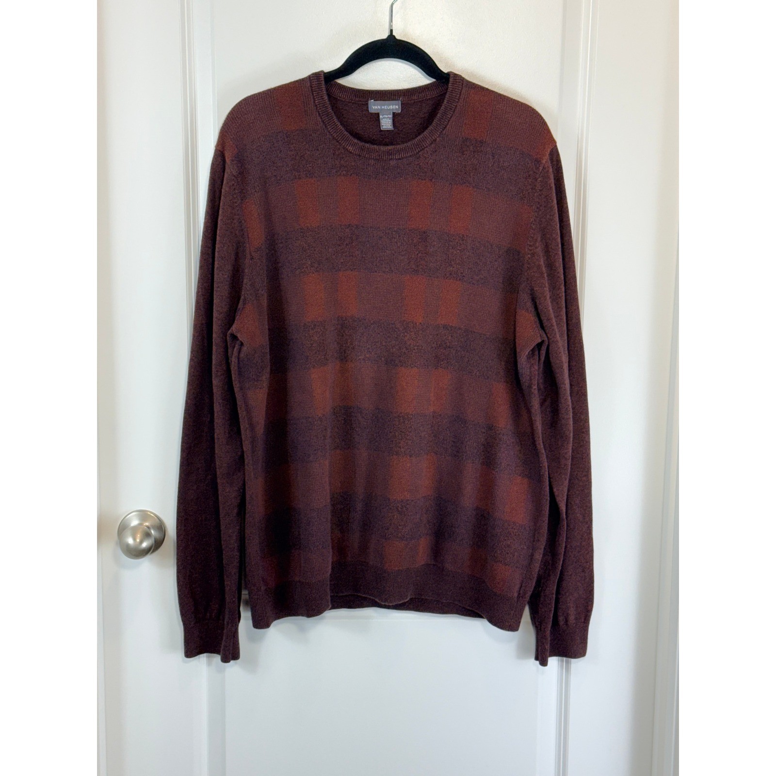 VAN HEUSEN Mens XL Burgundy Plaid Long Sleeve Crew Neck Cotton Sweater X-Large