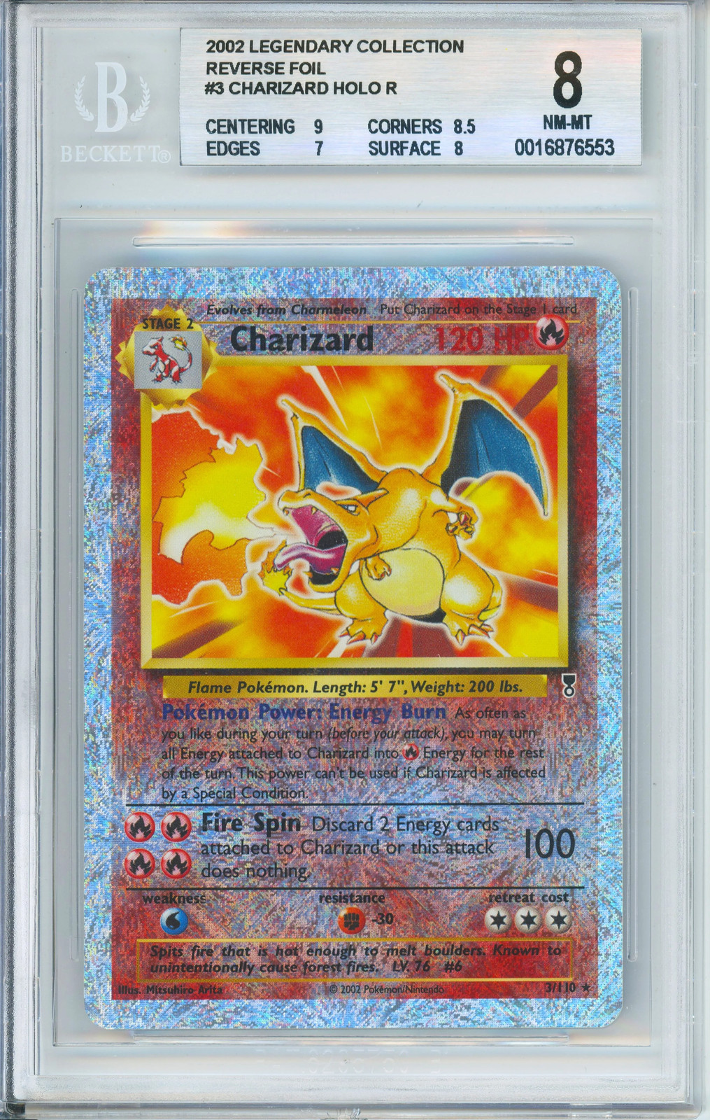 Charizard 3/110 Legendary Collection (2002) Reverse Foil Beckett 8