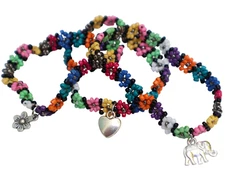 Set of Three Stretch Flower Beaded Bracelets with Silver Charms Boho Bracelets