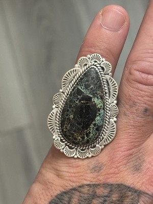 STERLING SILVER BIG BLACK JACK TURQUOISE  STAMPED ADJUSTABLE STATEMENT RING .925