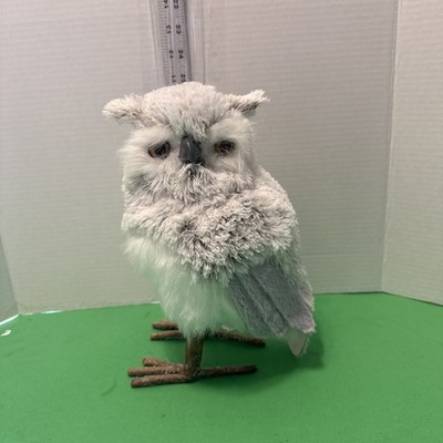 White & Gray Owl Real Life like Faux Fur Feathers 9 Inch Stands Collectible 