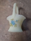 Vintage FENTON Hand-painted Signed Satin Glass Ruffle Rim Basket Vase, 5" - EUC