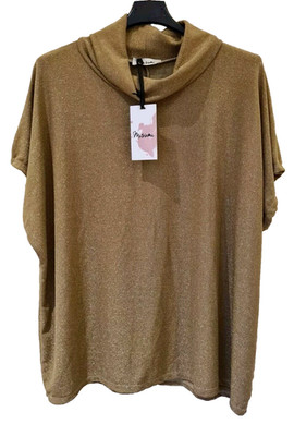 Misumi Gold Rollkragen Schimmer Tunika Top leicht Kurzarm One Size 8-16