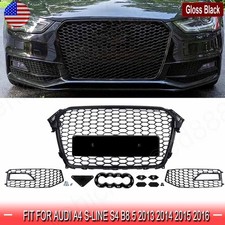 RS4 Look Gloss Black Front Grill+Fog Light Cover For 2013-2016 Audi A4 S-Line S4