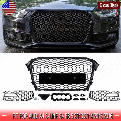 RS4 Look Gloss Black Front Grill+Fog Light Cover For 2013-2016 Audi A4 S-Line S4