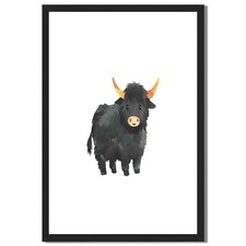 Cute Highland Cow Framed Canvas Print Watercolor Animal Wall Art