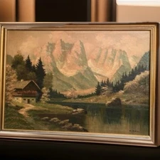 VINTAGE EUROPEAN SWISS CHALET LANDSCAPE OIL PAINTING COTTAGE 1940s SGND A. RENi