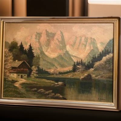 VINTAGE EUROPEAN SWISS CHALET LANDSCAPE OIL PAINTING COTTAGE 1940s SGND A. RENi