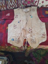 Vintage Suede 60's Vest, Native American Motif, Hand Painted, Tassels, Hippie M