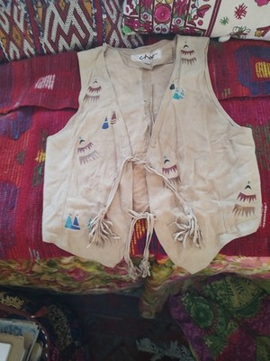 Vintage Suede 60's Vest, Native American Motif, Hand Painted, Tassels, Hippie  M