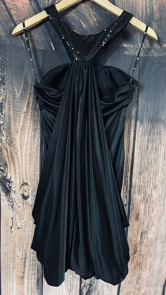 LOVE TEASE WOMENS SLEEVELESS BLACK HALTER NECK SATIN SPARKLE MINI DRESS SZ 3 NEW - Image 2 of 4