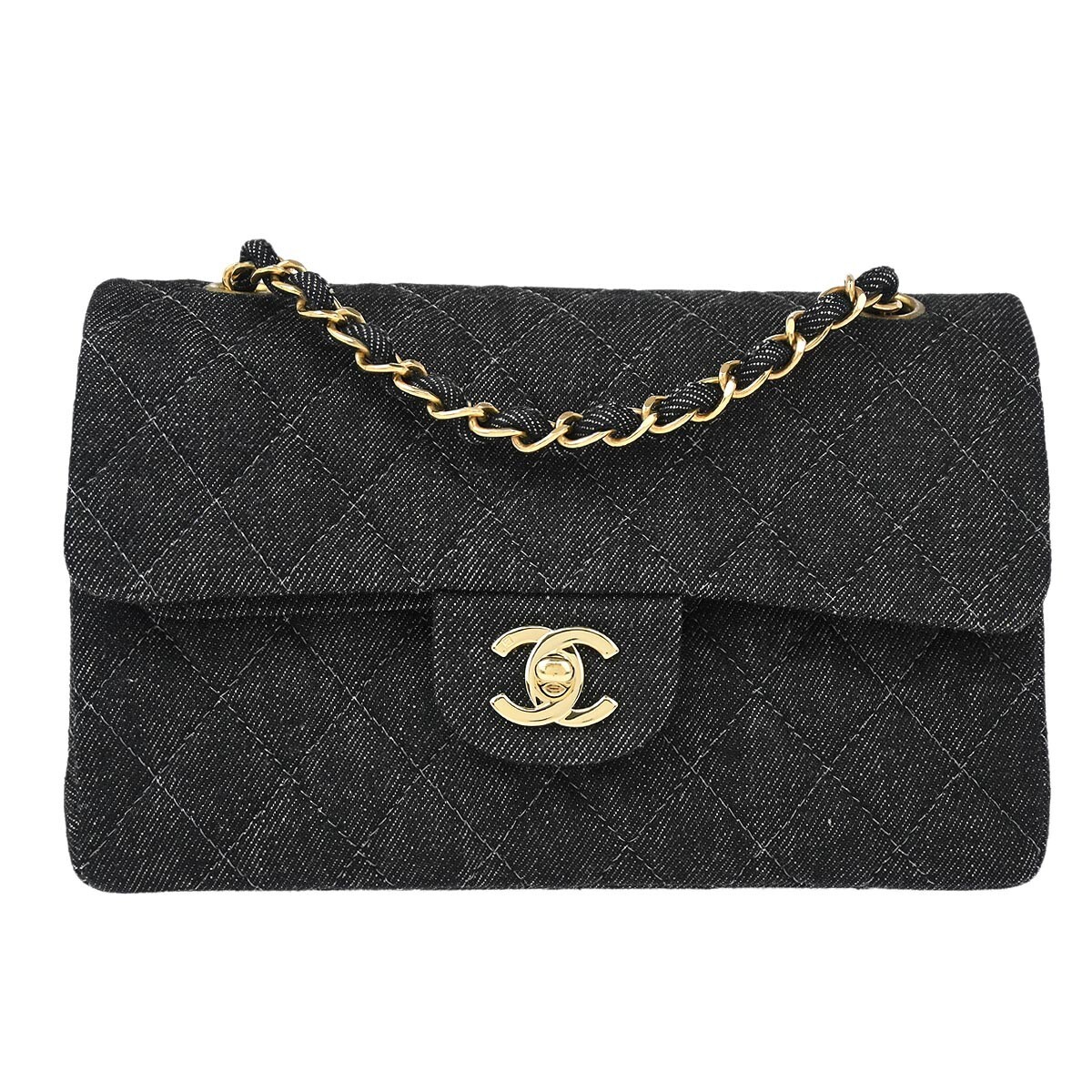 Chanel Black Denim Small Classic Double Flap Shoulder Bag 114389