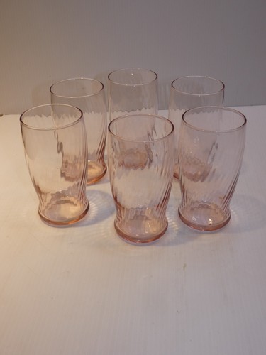 Vintage Set 6 Pink Depression Glass Tumblers, Waved Line Design - 第 1/6 張圖片