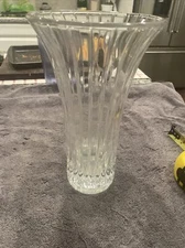 Flared Crystal Flower Vase, Decorated with Vertical Stripes 10” Tall