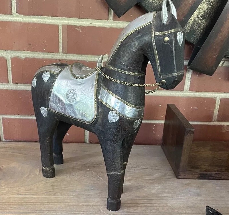 Wooden Horse Hand Carved Silver Hearts India Folk Art Vintage Home Decor Gift