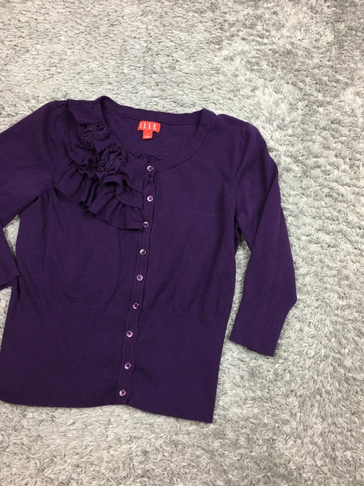 Elle Button Cardigan Sweater Womens Size XS Extra Small Purple 3/4 Sleeve - Imagem 2 de 4
