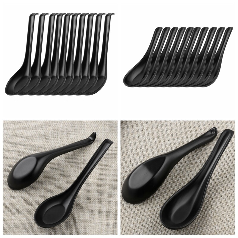10Pc Chinese Japanese Black Soup Spoon Ramen Noodle Asian Flatware