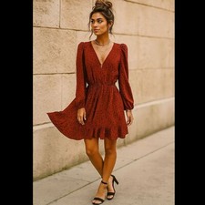 ZARA Red Black Dot Mini Dress Size S Puff Sleeve Ruffle Hem Boho Grunge V-Neck