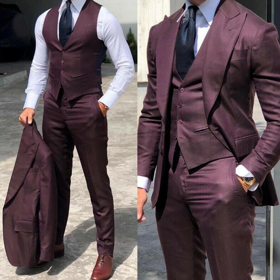 Trajes de novio de boda para hombres Blazer ajustado calce comercial solapa de pico ancho 3 piezas chaqueta Foto 3 de 4