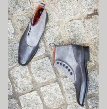 Gray Leather & Suede Formal Side Ankle Buttons Formal Business Boots For Mens