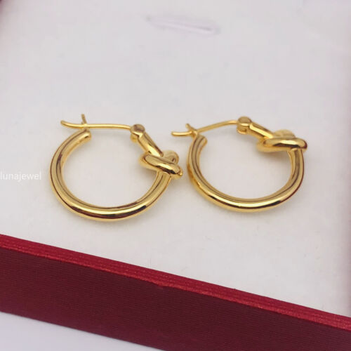 Pure 18K Yellow Gold Lucky Knotted Circle Hoop Earrings Women - Picture 7 of 11
